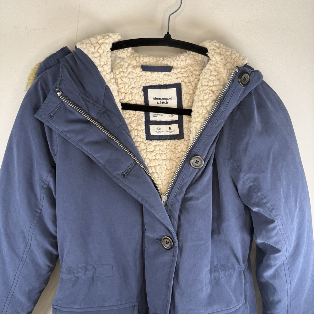 Abercrombie‎ & Fitch Navy XS Parka Faux Fur Sherpa Lined Hooded Coat Water Wind